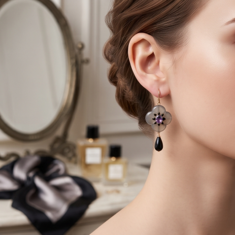 Smoky Quartz Amethyst Clover Drop Earrings