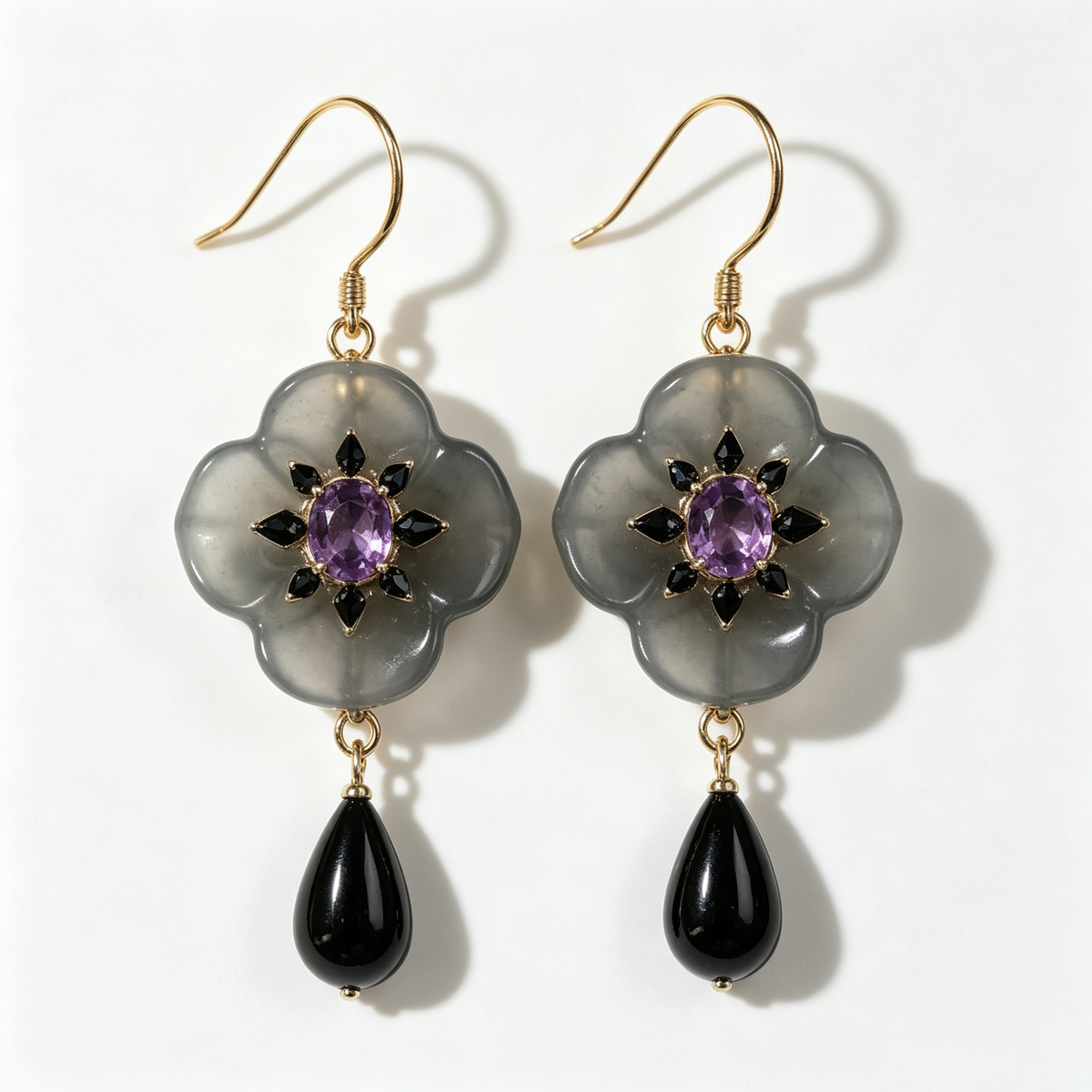 Smoky Quartz Amethyst Clover Drop Earrings