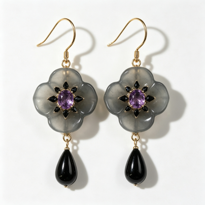 Smoky Quartz Amethyst Clover Drop Earrings
